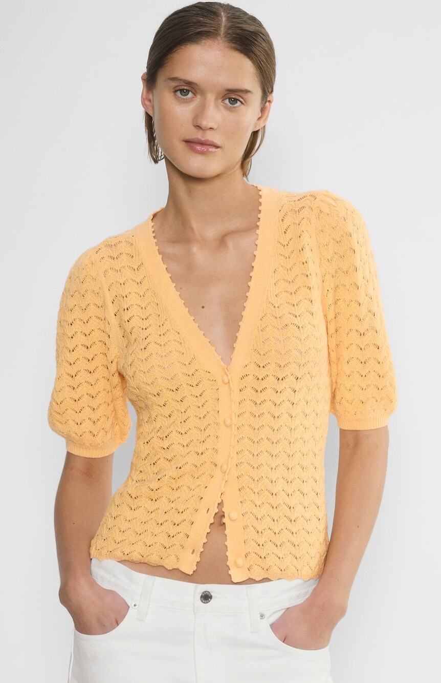 Wilfred Aritzia Fika Cardigan M Yellow Scallop Stitch Open Knit Puff Sleeve